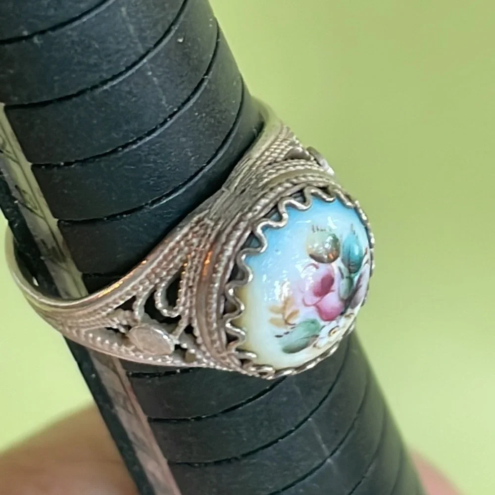 Vintage 70’s silver/enamel Russian handmade and hand painted ring